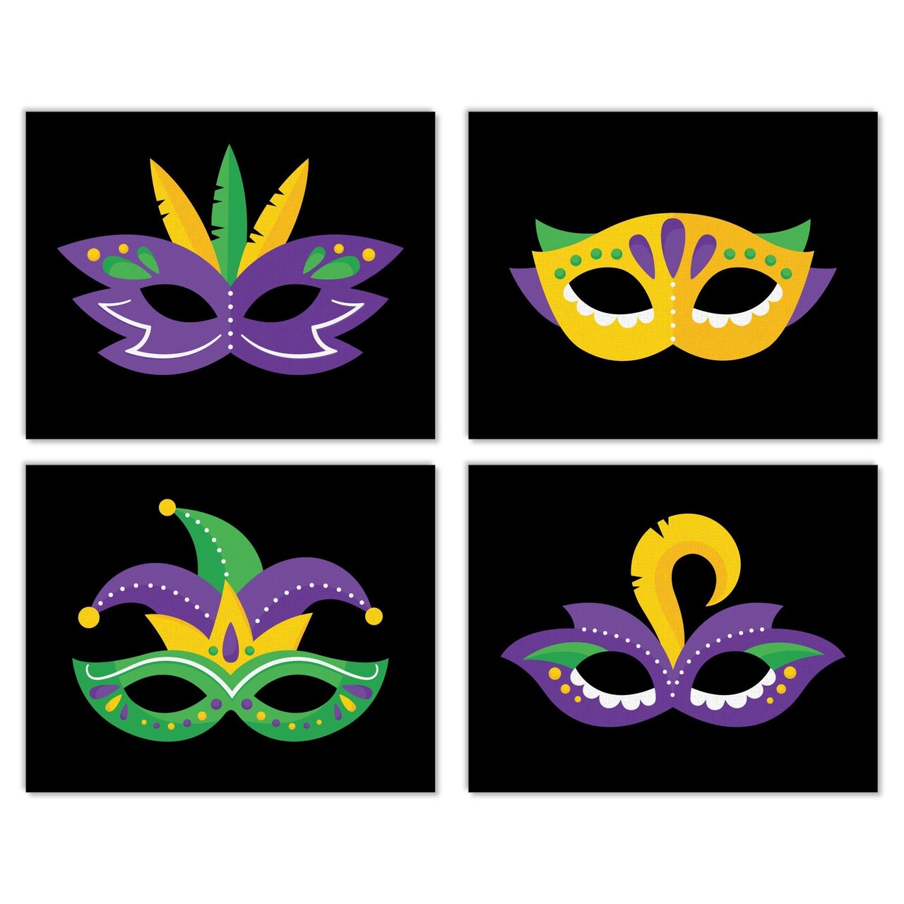 Big Dot of Happiness Colorful Mardi Gras Mask - Unframed Masquerade Linen Paper Wall Art - Set of 4 - Artisms - 8 x 10 inches